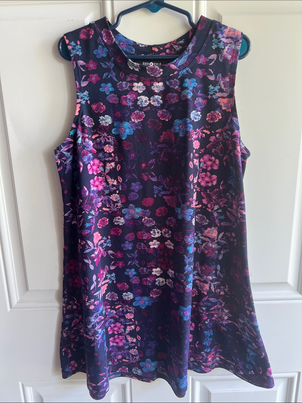 Amy Byer Dark Navy Floral Sleeveless A-line Dress with Pink & Blue Blooms